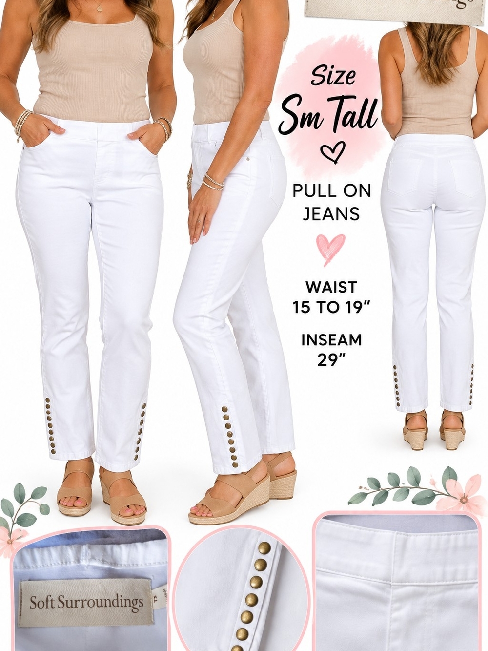 Soft Surroundings White Straight-Leg Pull-On Jeans with Gold Button Hem